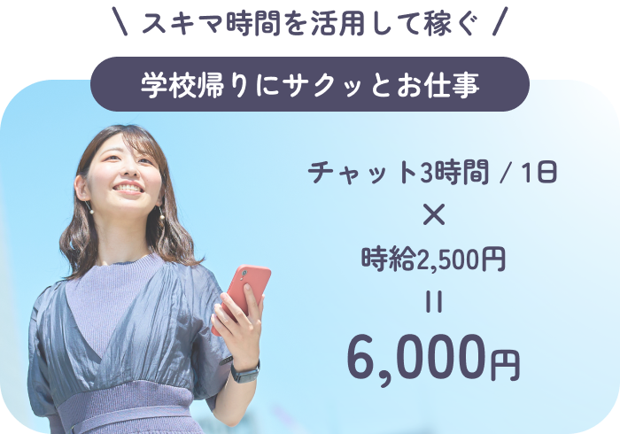 スキマ時間を活用して稼ぐ:学校帰りにサクッとお仕事:チャット3時間/1日×時給2,500円＝6,000円